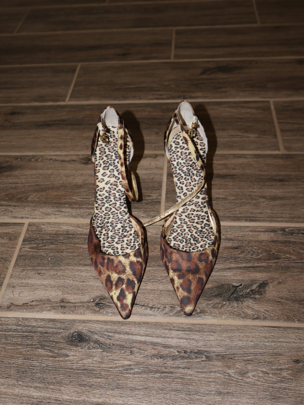 Leopard Print Pointed Toe Ankle Strap Pumps - Brown